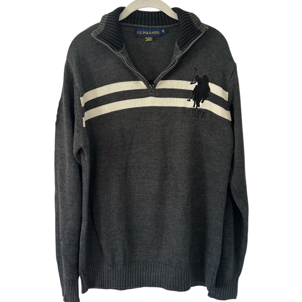 Gray US Polo Assn Sweater Top Knit Design Collared Quarter Zip Men’s Size Medium